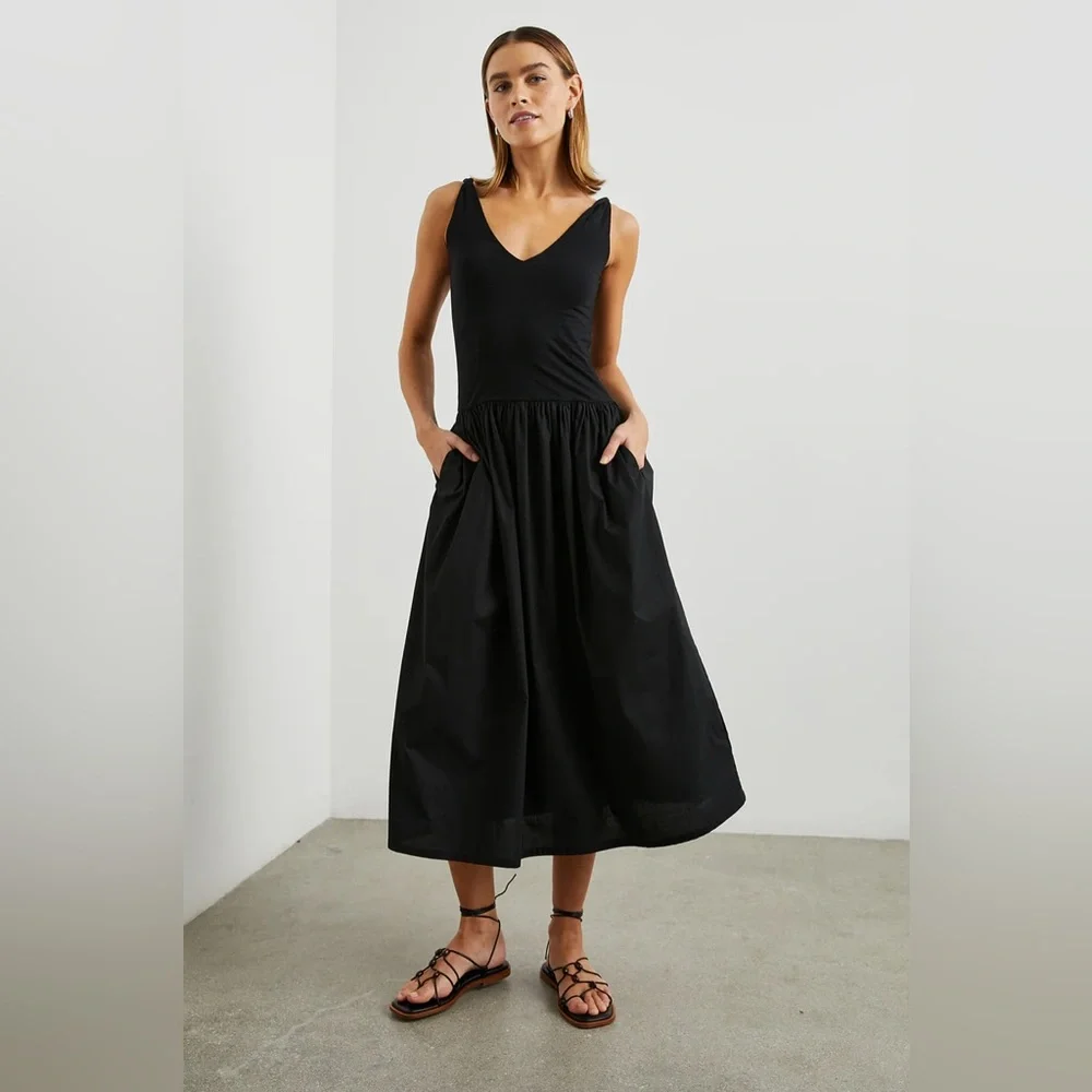 new Rails Franca drop waist poplin midi dress in black jersey